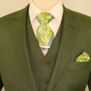Men's Three Piece Suit Vested Sharkskin Sheen Vented Pastel Gloss Olive Green